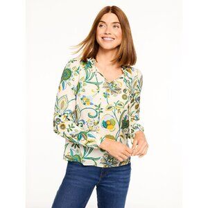 Talbots Lively Floral Tie Neck Top SP Petite Small Long Sleeve Ladder Trim NWT